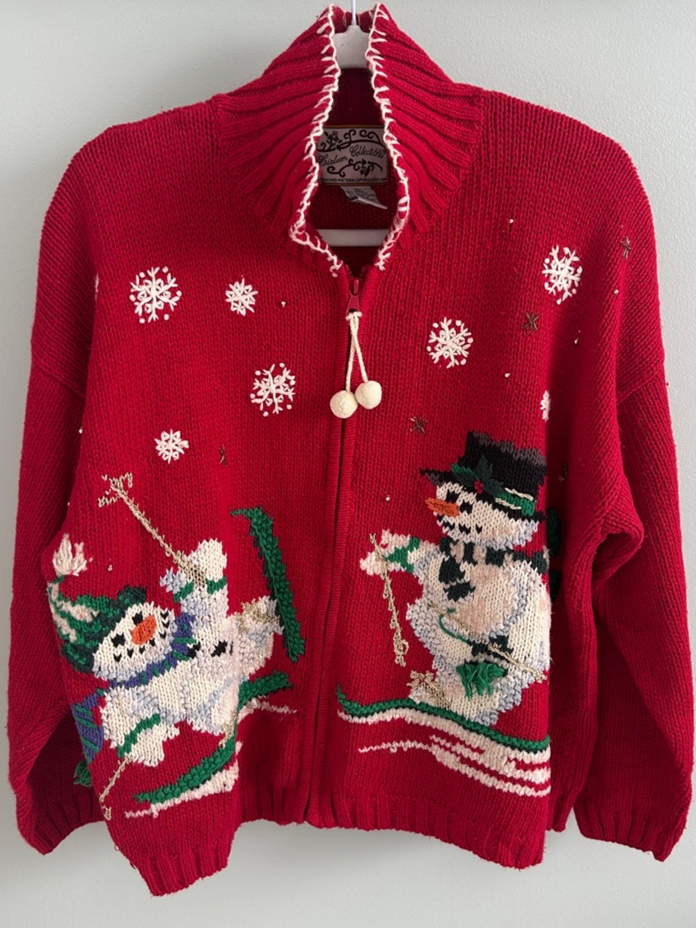 Women's Red Snowman Zip-Up Holiday Cardigan Sweater